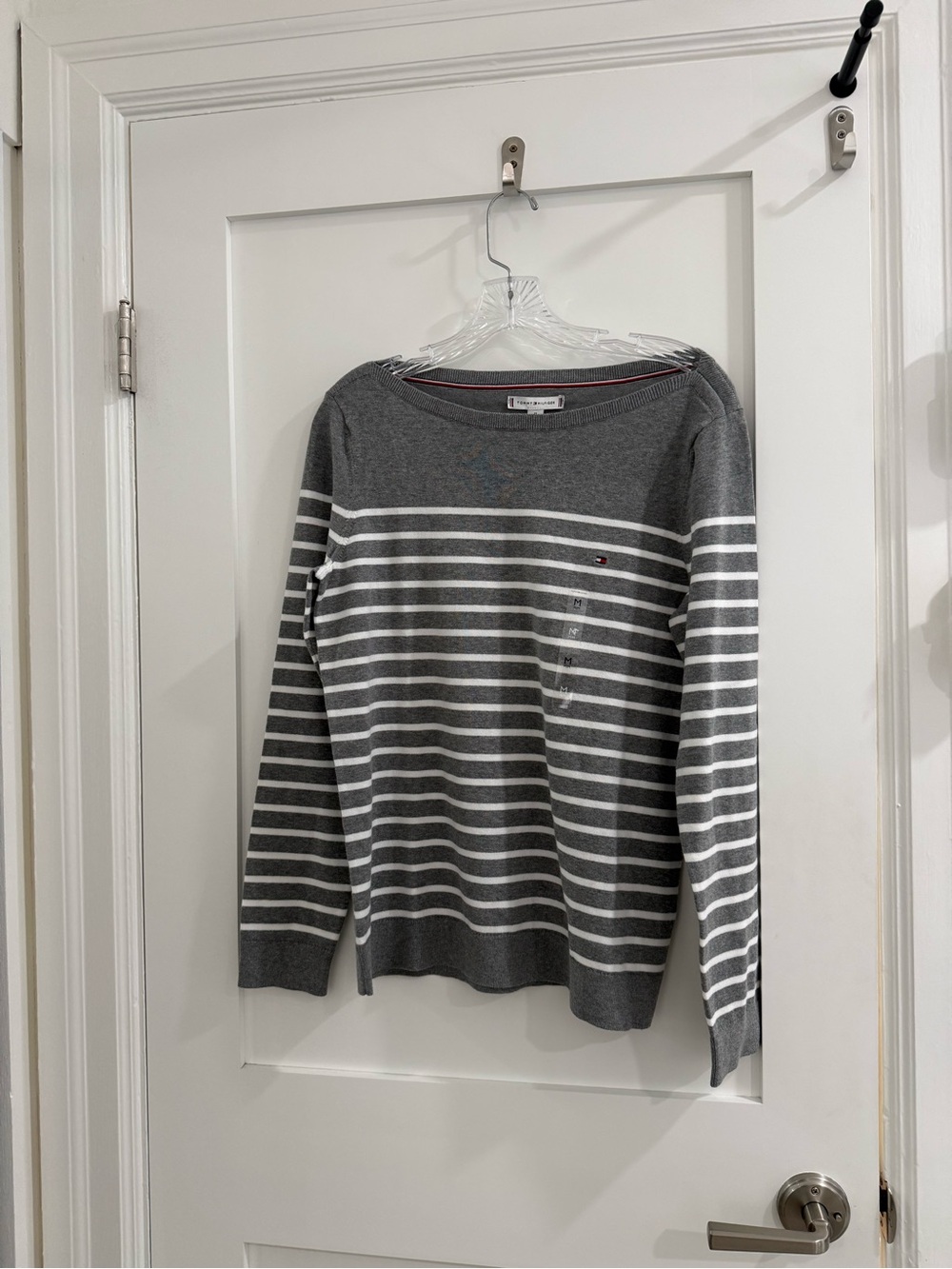 NWT Tommy Hilfiger Heather Grey boatneck sweater w/ white stripes (good)
